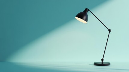 A black desk lamp shines focused light on a pastel blue wall, casting subtle shadows and evoking a minimalist, modern interior design