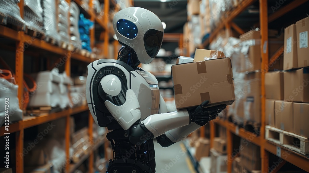 Aufkleber a robot warehouse worker moving boxes in a warehouse setting. with neatly arranged shelves filled wi
