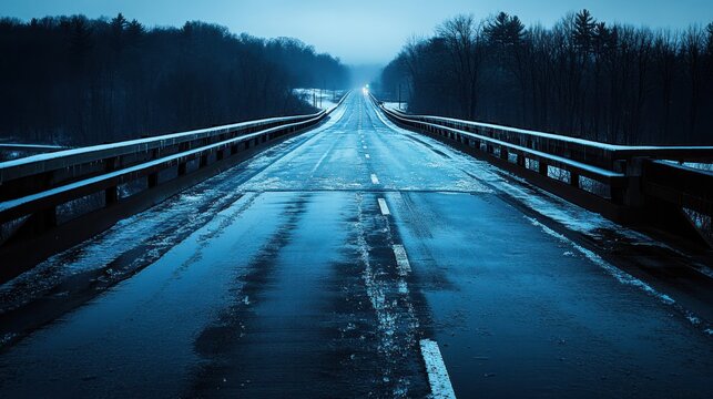Black ice forming on a bridge during the early morning hours, making the road slick and treacherous for drivers as temperatures plummet