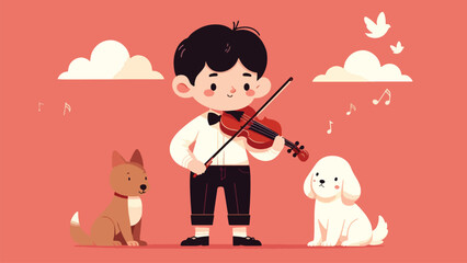 flat illustration of a little boy playing a violin accompanied by a dog