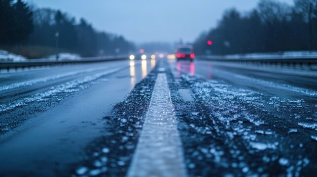 Black ice forming on a highway after freezing rain, making driving conditions extremely dangerous in the early morning hours
