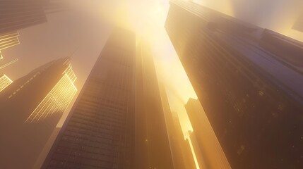 Low angle view of modern skyscrapers shrouded in morning fog with dynamic light and shadow effects, symbolizing urban development and economic growth in a futuristic cityscape, 3D rendering.