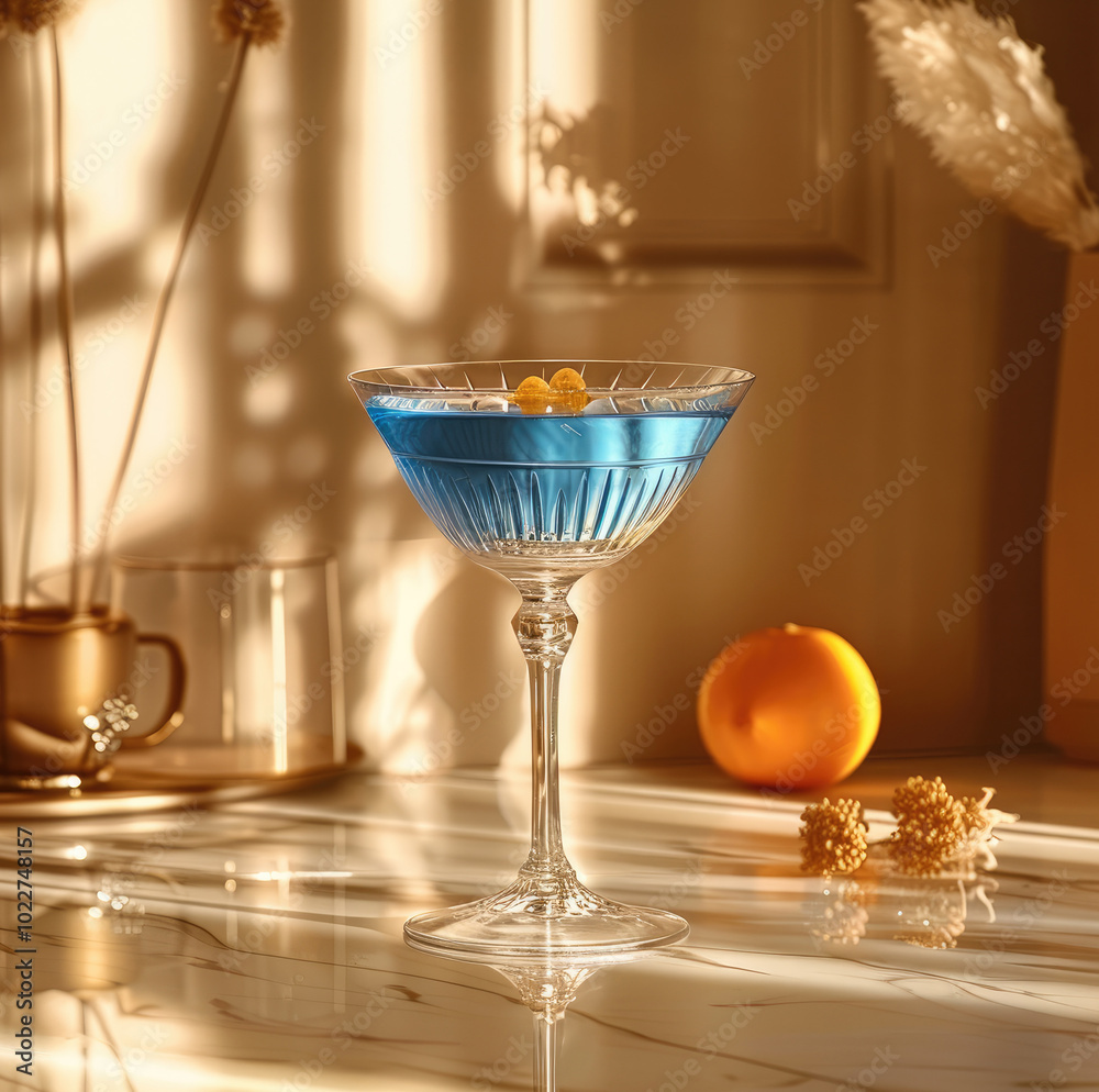 Wall mural a blue cocktail in an elegant footed glass, placed on the marble countertop of a modern kitchen with