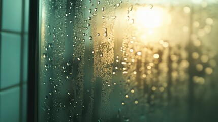 A macro image of water droplets on a glass shower door, with soft light from behind casting abstract, translucent patterns
