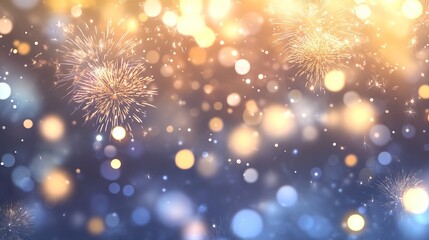 Festive New Year Celebration Background with Vibrant Fireworks and Soft Bokeh Lights