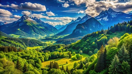 Obraz premium Serene Mountain Landscape with Lush Greenery and Clear Blue Sky, Perfect for Nature and Travel Themes