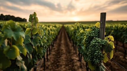 Lush vineyard with rows of grapevines and green grapes growing at sunrise or sunset, featuring a...