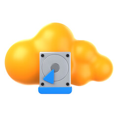 A 3D rendering of a yellow cloud with a hard drive, representing cloud storage and data backup. 3d illustration of cloud drive