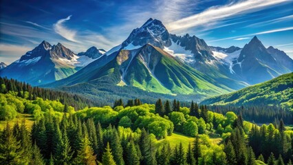 Fototapeta premium Serene Mountain Landscape with Majestic Peaks and Lush Green Forest Under a Clear Blue Sky