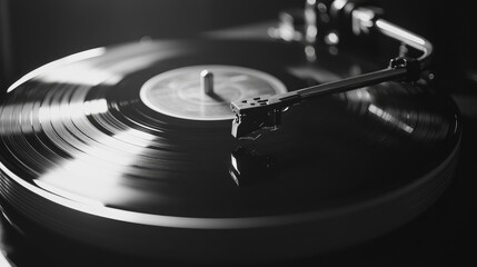 Black-and-white close-up of a vintage vinyl record spinning on a turntable, with the needle gently touching the grooves.