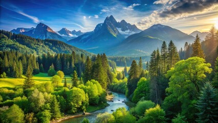 Serene Nature Landscape with Lush Green Forest and Majestic Mountains Under a Clear Blue Sky