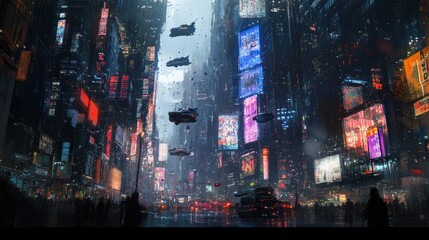 Obraz premium Futuristic cityscape with flying vehicles and vibrant advertisements in a bustling urban setting.