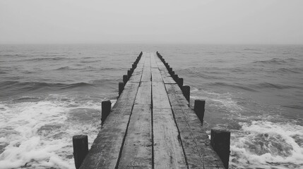 Obraz premium Black-and-white image of a deserted pier stretching into the ocean, with waves gently lapping against the wooden beams.