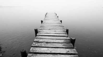 Fototapeta premium Black-and-white image of an old, weathered wooden pier extending into a calm, reflective lake, offering a peaceful, minimalist scene.