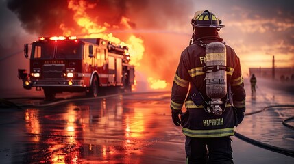 Firefighter preparing to enter burning structure, with fire truck.