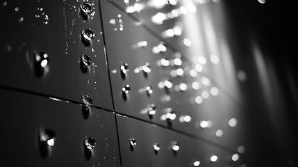 Water droplets clinging to a smooth glass wall, with light passing through to create shadows and highlights on the surface