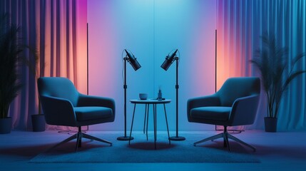 Minimalist podcast studio with a clean setup of two chairs, a table, and two microphones on stands,...