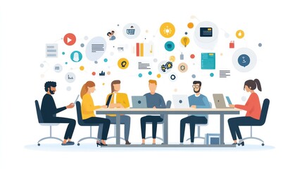 Remote work productivity illustrated with teams leveraging technology to stay productive and connected across various time zones, illustrations