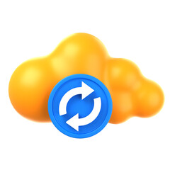 A 3D illustration of a fluffy yellow cloud with a blue sync icon, representing file synchronization across devices