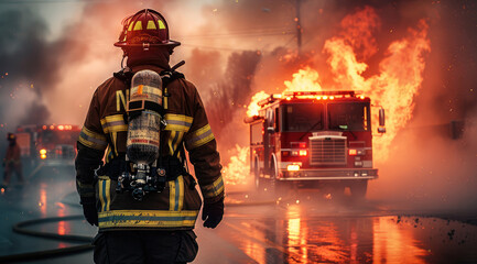 Firefighter preparing to enter burning structure, with fire truck.