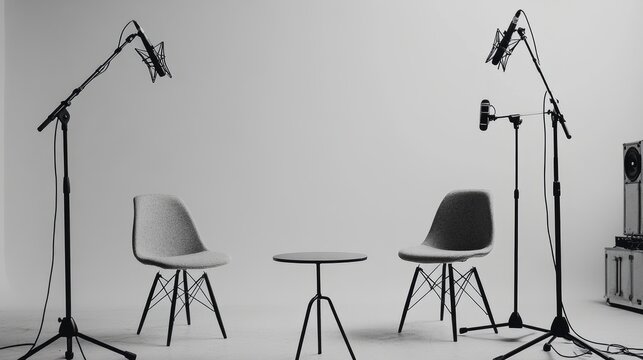 Minimalist recording studio setup with two microphones on stands, two chairs, and a simple table, in a clean and modern environment.