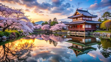 Fototapeta premium Serene Nipponese Landscape with Traditional Architecture, Cherry Blossoms, and Tranquil Water Reflections