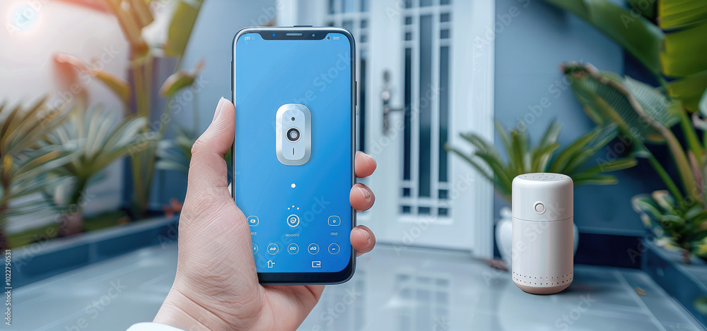 Poster a hand holding a smartphone with the voice assistant interface displayed, surrounded by the modern s