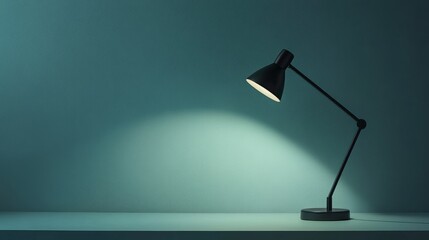 Modern black desk lamp shining light onto a soft blue wall, with clean shadows and a minimalist aesthetic, offering a peaceful feel