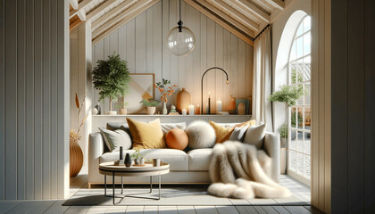 Cozy living room with vaulted ceiling and warm decor by a large window