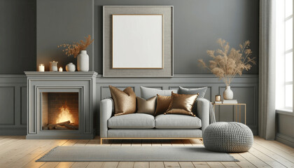 Cozy living room with gold accents and modern fireplace