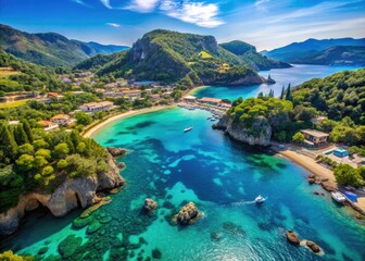 Fototapeta premium Serene Paleokastritsa Beach with Crystal Clear Waters and Lush Greenery on a Sunny Summer Day