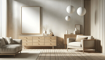 Minimalist Scandinavian living room with natural wood furniture and neutral tones