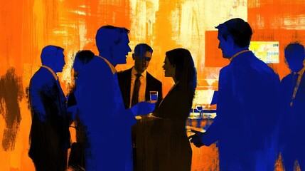 A stylized networking event with silhouettes of people interacting and enjoying drinks.