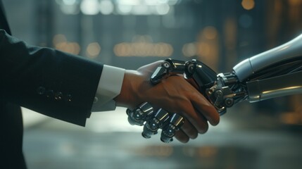 A robot hand shakes a human hand