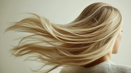 Blonde hair flowing gracefully against a soft neutral background showcasing movement and texture during a calm indoor setting