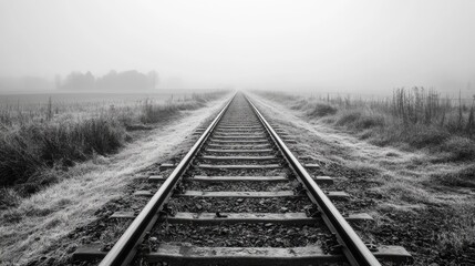 Obraz premium Black-and-white photo of an empty railway track stretching into the distance, with overgrown grass and weeds on both sides.