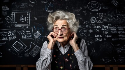 An elderly woman with wild, expressive hair and red glasses stands pensively in front of a complex chalkboard filled with equations and scientific diagrams.