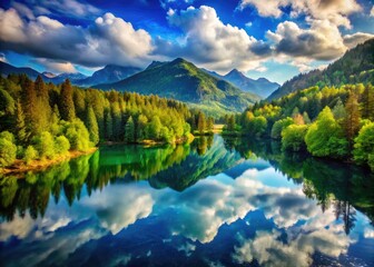 Fototapeta premium Serene Reflection of Trees and Sky in Tranquil Lake Surrounded by Lush Greenery and Mountains