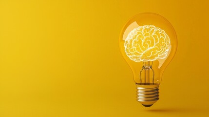 Close-up of a glowing light bulb with a detailed brain inside, floating against a bright yellow backdrop, symbolizing creative thinking.