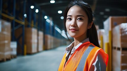 Female warehouse worker standing amidst a pile of cardboard boxes in a storage warehouse