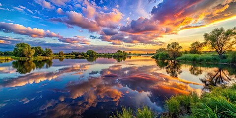Fototapeta premium Serene Sky and Water Reflection Creating a Tranquil Natural Landscape with Vibrant Colors and Calmness