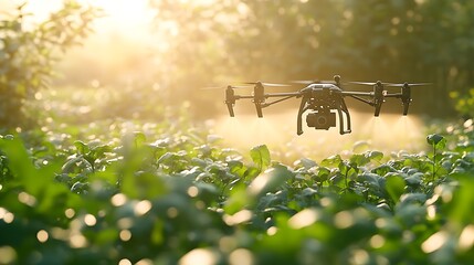 A garden drone hovering low over a crop field, spraying pesticides evenly, sleek and advanced design, bright green leaves glistening in the sun, soft mist forming a cloud,