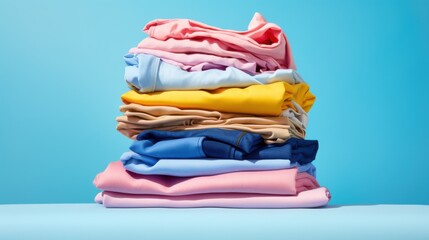 A stack of vibrant, neatly folded clothes against a blue background, showcasing a colorful and organized approach to fashion and personal style.