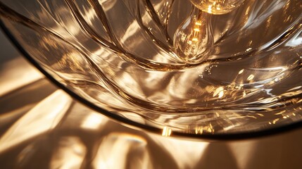 A detailed shot of a glass light fixture with metallic accents, casting intricate shadows and reflections in a softly lit room