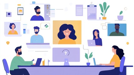 Teams illustrated using workspace solutions that bridge remote working challenges, enhancing communication and task execution, illustrations