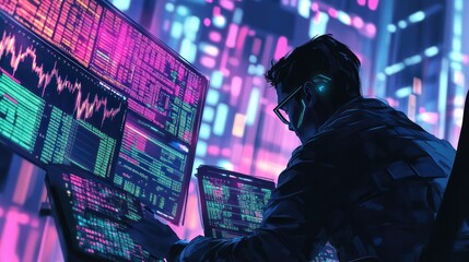 Traders illustrated using AI-driven algorithms to automate cryptocurrency trades, maximizing profits in a volatile market, illustrations