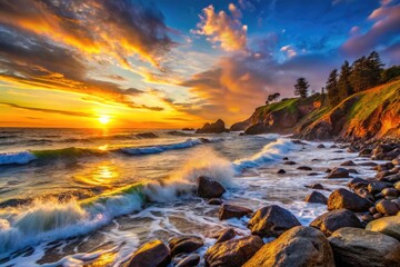 Serene Sunset at Moonstone Beach Park with Waves Crashing Against Rocky Shoreline and Coastal Beauty