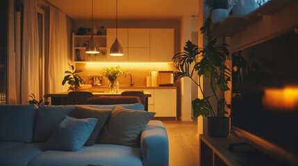 Cozy apartment interior featuring warm lighting, contemporary furniture, and compact layout designed for comfort and style