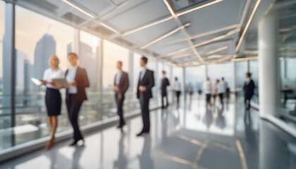 Modern business professionals collaborating in a high-rise office with a city view during late afternoon hours