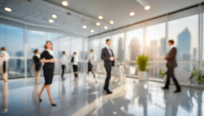 Business professionals networking in a modern office with city skyline view during the late afternoon
